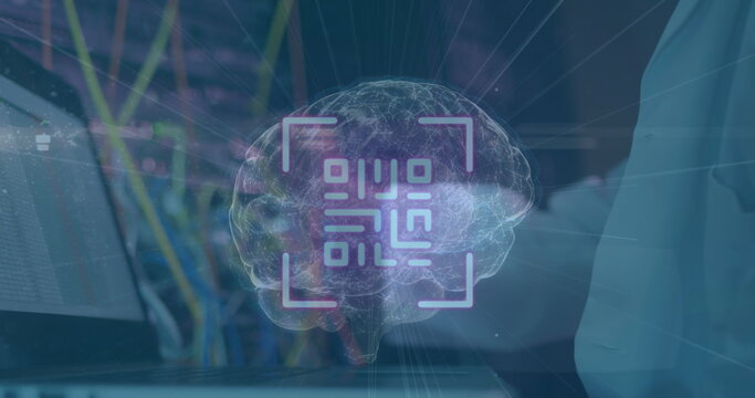 Image of spinning brain over server room worker - Powered by Adobe