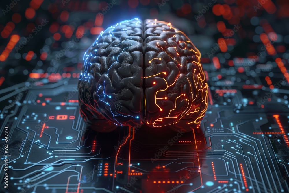 Poster ai brain chip neural feedback integration. artificial intelligence iconography trend mind sem axon. 