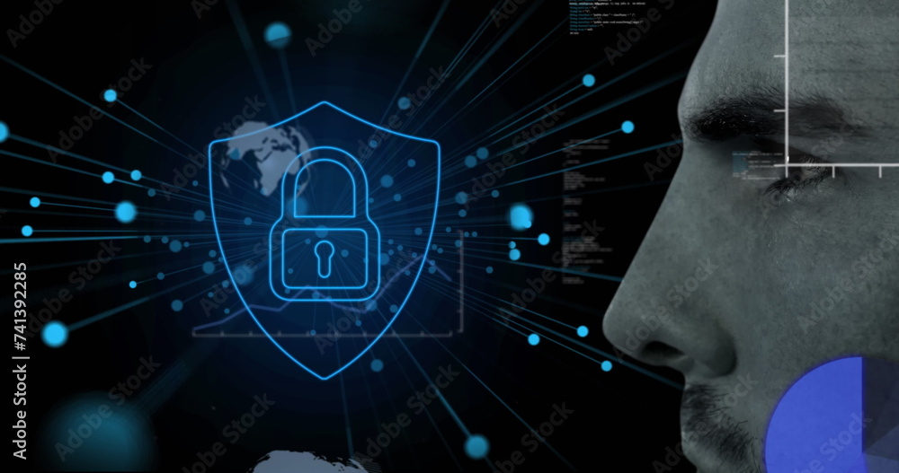 Poster image of digital interface and data processing with online security padlock over man