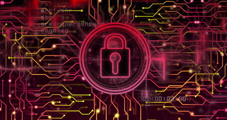 Image of online security padlock, data processing over computer circuit board