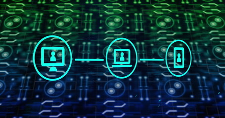 Image of network of icons and data processing over circuit board