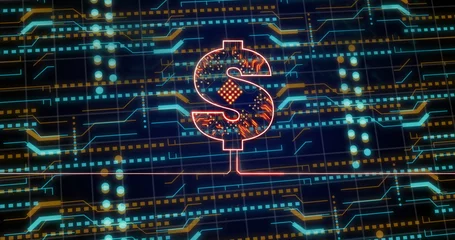 Fototapete Amerikanische Orte Image of american dollar sign and data processing over circuit board