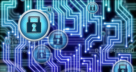 Image of online security padlocks, data processing over computer circuit board