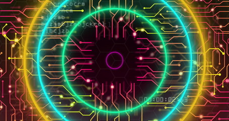 Image of neon circles, data processing over computer circuit board