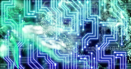 Image of green mesh, data processing over computer circuit board