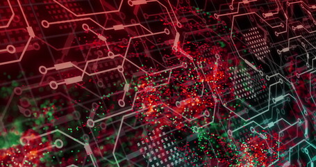 Image of red mesh, data processing over computer circuit board