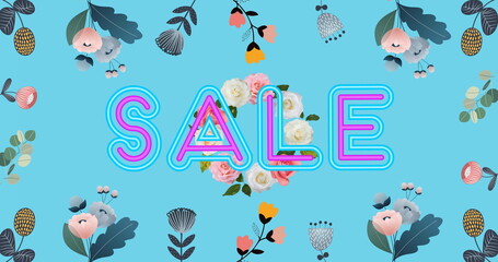 Image of sale text in neon letters over flowers moving in hypnotic motion on blue background