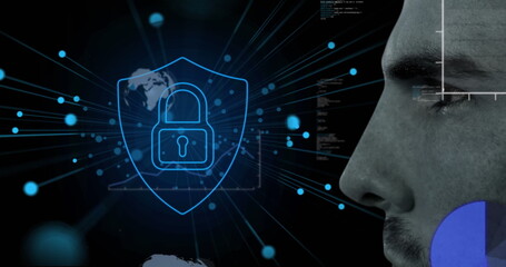 Image of digital interface and data processing with online security padlock over man