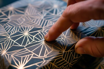 closeup view of finger tracing the edge of a geometric paper pattern on a gift