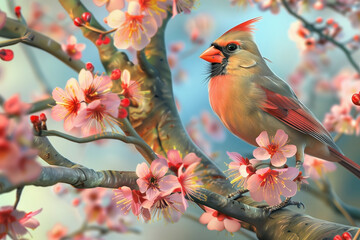 Fototapeta premium Female northern cardinal bird on a tree blossom