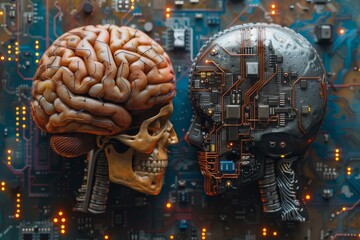 AI Brain Chip meg. Artificial Intelligence naive bayes classifier mind pcb components axon. Semiconductor neuroimaging circuit board multiple instruction - obrazy, fototapety, plakaty
