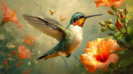 The enchanting hummingbird, adorned with delicate jewels, hovers amidst tropical blooms. Its iridescent feathers catch the sun's rays, casting prismatic hues, a fleeting vision of ethereal beauty and 