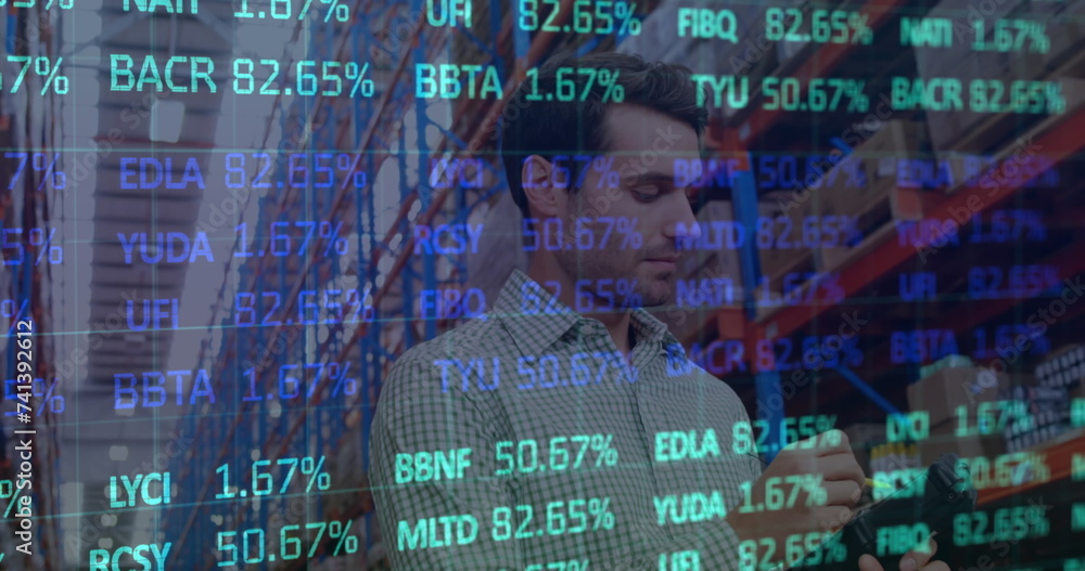 Canvas Prints Image of stock market over caucasian worker in warehouse