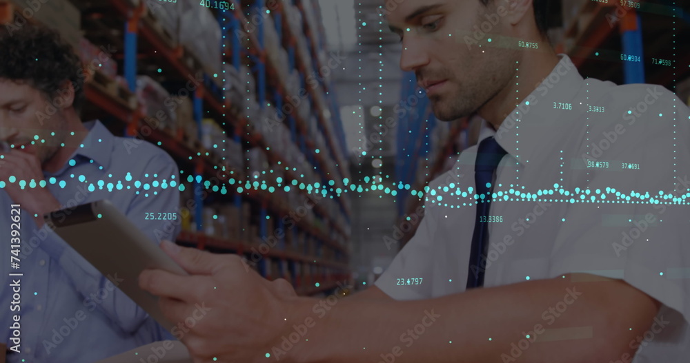 Poster Image of financial data processing over diverse business people in warehouse