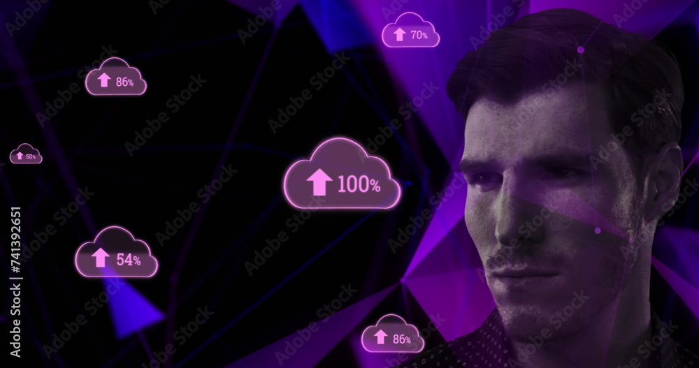 Poster image of digital icons and data processing over man on interface