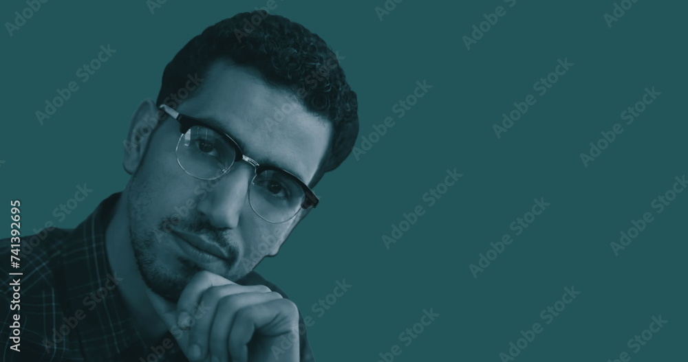 Poster image of data processing over man looking at camera