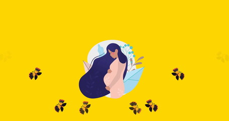 Image of pregnant woman and butterflies moving in hypnotic motion on yellow background