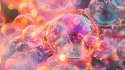 Abstract macro shot of colorful iridescent soap bubbles with a bright, glowing and vibrant background.