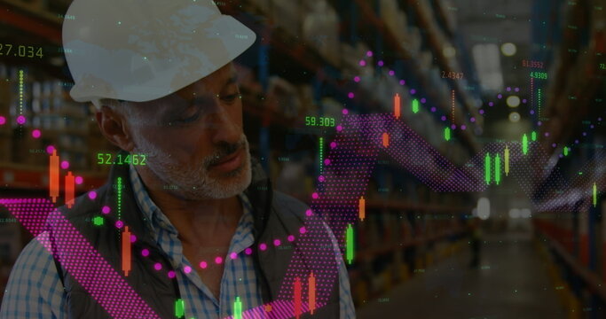 Image of financial data processing over biracial worker in warehouse