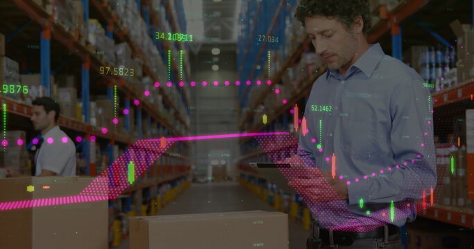 Image of financial data processing over diverse business people in warehouse
