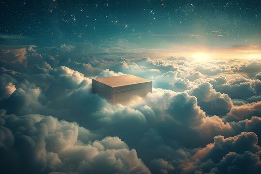 lone cardboard box rests atop a bed of clouds