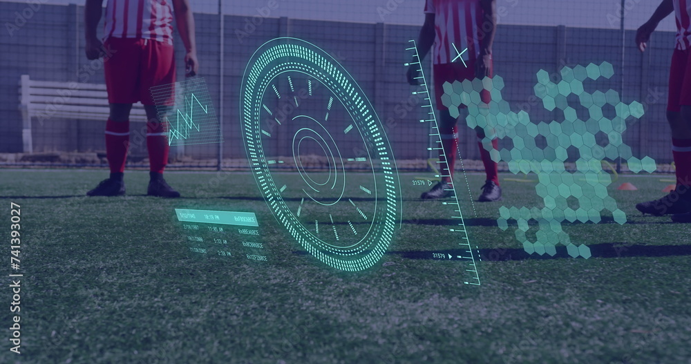 Aufkleber image of scope scanning and data processing over diverse men playing football