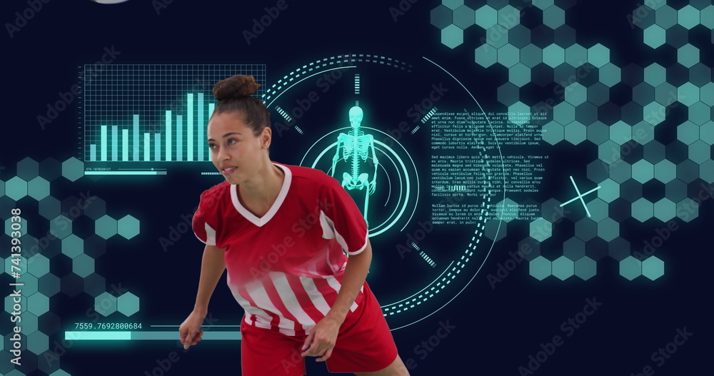 Poster image of data processing and scope scanning over biracial female soccer player