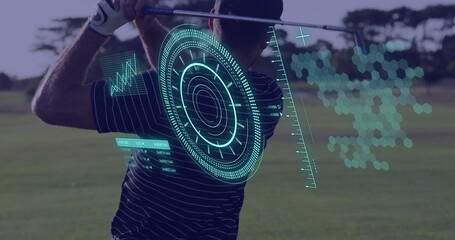 Image of scope scanning and data processing over caucasian man playing golf