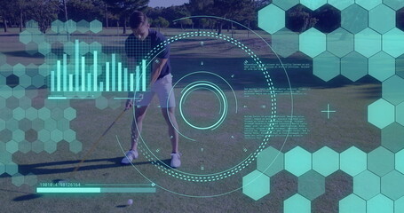Image of scope scanning and data processing over caucasian man playing golf