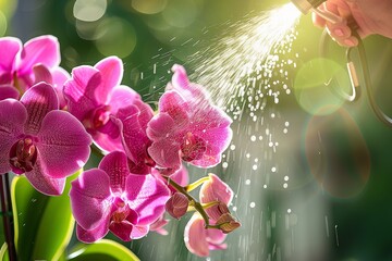 florist spraying water on a blooming orchid