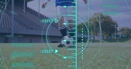 Tuinposter Image of scope scanning and data processing over caucasian man playing football © vectorfusionart