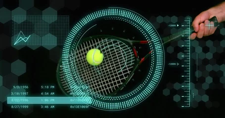 Rolgordijnen Image of scope scanning and data processing over caucasian male tennis player © vectorfusionart