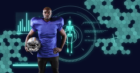 Image of scope scanning and data processing over african american male american football player
