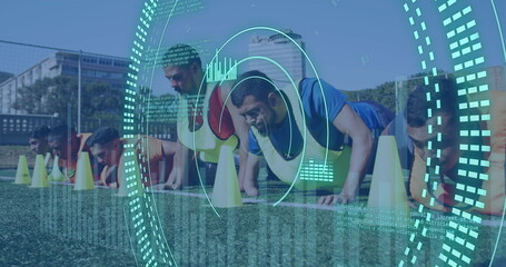 Image of scope scanning and data processing over diverse soccer players exercising