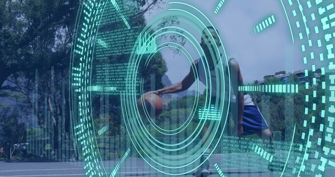 Image of scope scanning and data processing over african american man playing basketball - Powered by Adobe
