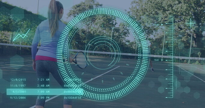 Image of scope scanning and data processing over caucasian couple playing tennis - Powered by Adobe