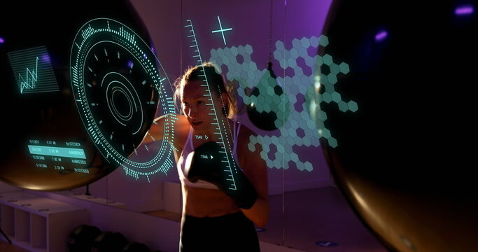 Image of data processing and scope scanning over caucasian female boxer punching - Powered by Adobe