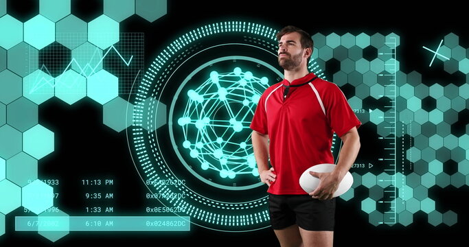 Image of data processing and scope scanning over caucasian male rugby player - Powered by Adobe