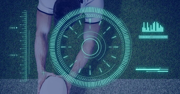 Image of scope scanning and data processing over caucasian man playing rugby