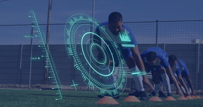 Image of scope scanning and data processing over diverse male football players exercising