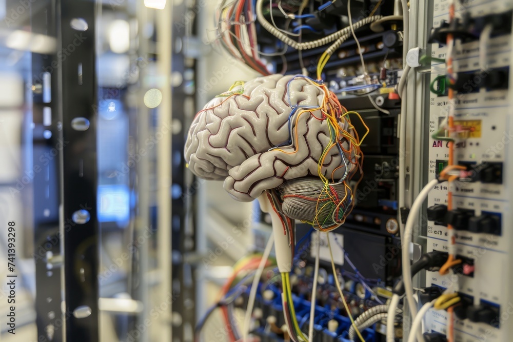 Poster ai brain chip icon usability. artificial intelligence outreach network mind neurotechnology impact a
