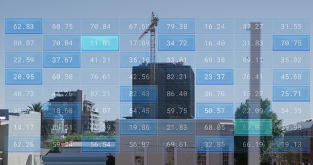 Image of financial data processing over cityscape with buildings