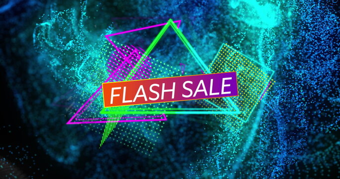 Image of flash sale text over moving blue waves and colorful shapes