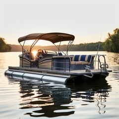 Pontoon boat, versatile and leisure-oriented watercraft, designed for recreational activities such as fishing, swimming, and socializing on the water, Generative AI