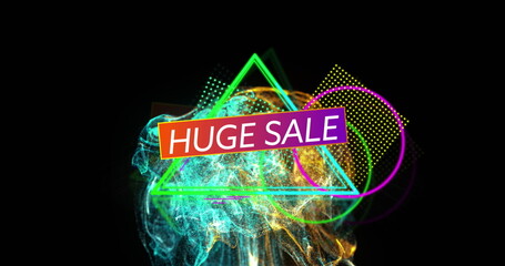 Image of huge sale text over colorful shapes and wave