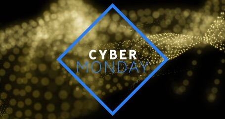 Image of cyber monady text over gold wave on black background