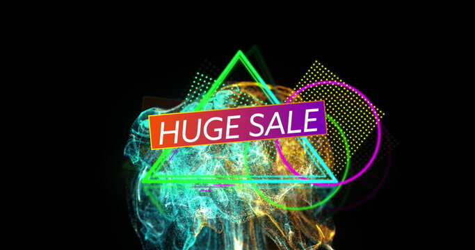 Image of huge sale text over colorful shapes and wave - Powered by Adobe