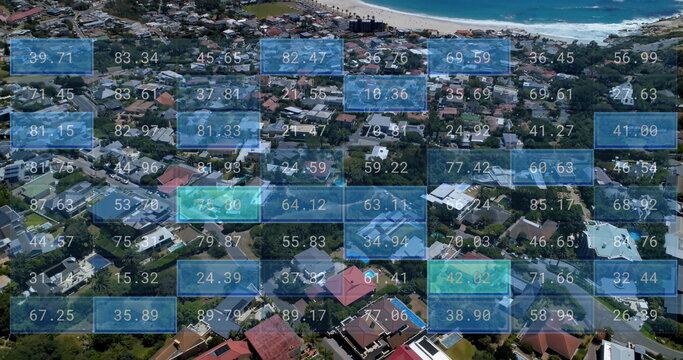 Image of financial data processing over cityscape