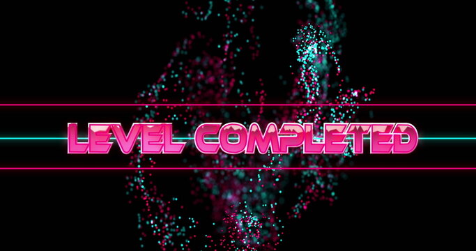 Image of level completed text over colorful fireworks - Powered by Adobe