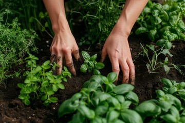 Naklejka na ściany i meble gardener with hands in soil, fresh herbs doubleexposed